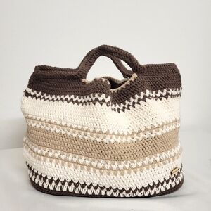 Chic Crochet Brown and Cream Striped Tote Bag
